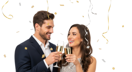 Couple toasting with champagne amidst falling confetti