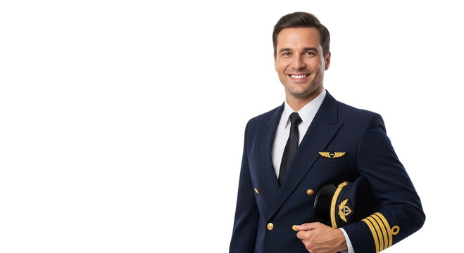 Smiling male pilot holding cap in uniform with wings emblem on black background