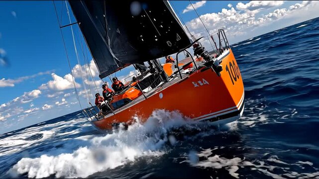 An orange sailboat cuts through turbulent ocean waters, crew on deck with black sails against a blue sky