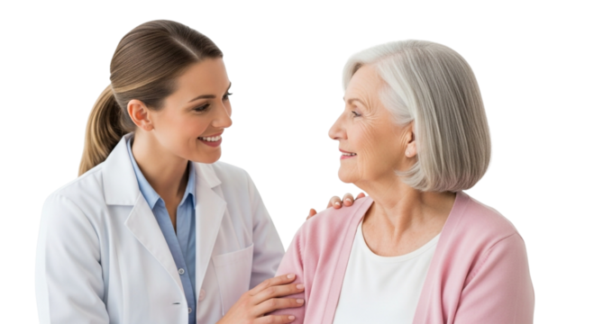 Nurse comforting elderly woman with gentle touch