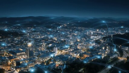 A city at night from above, connected by a glowing blue network of connections, - Powered by Adobe