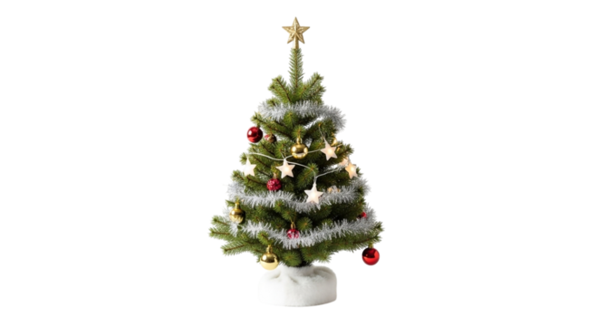 Decorated Christmas tree with lights and ornaments on transparent background