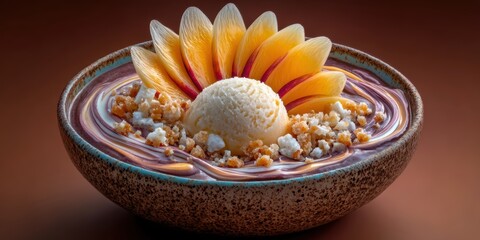 Delicious dessert bowl with ice cream, fruit slices, and toppings