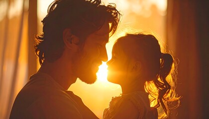 A tender silhouette captures a father and child in a warm embrace, backlit by a brilliant, golden sunset. Sunlight bathes them in love