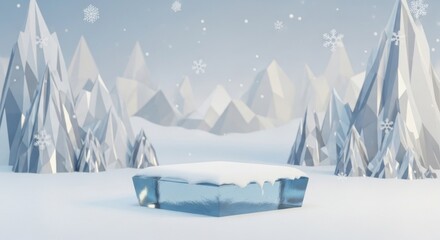 A frosted icy podium rests in a whimsical, snowy landscape with crystal mountains
