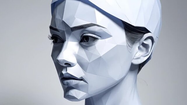 Low-poly style digital illustration of a woman's face, featuring angular shapes and a cool color palette.