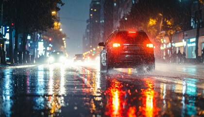 Obraz premium A car driving through a rainy city street at night, reflections on wet asphalt, cinematic depth of field.