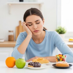 Tired woman with food struggle healthy vs. unhealthy choices isolated on white background