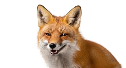 Fototapeta premium A vibrant red fox with striking orange fur and white chest smiles subtly at the viewer on a clean white background