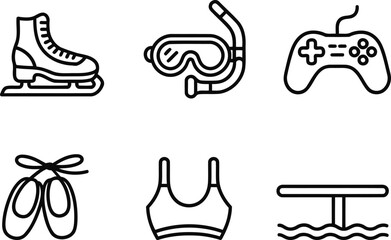 Collection of sports and leisure icons in simple outline style vector