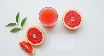 Freshly squeezed grapefruit juice in a glass with sliced grapefruits and a blank note card, isolated on white background