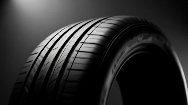 A detailed, high-contrast monochrome image showcasing a tire's tread and side profile against a gradient background. Focus on texture