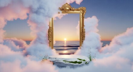 A gilded, rococo frame floats in sunset clouds above a mossy stone platform, framing a tranquil sea