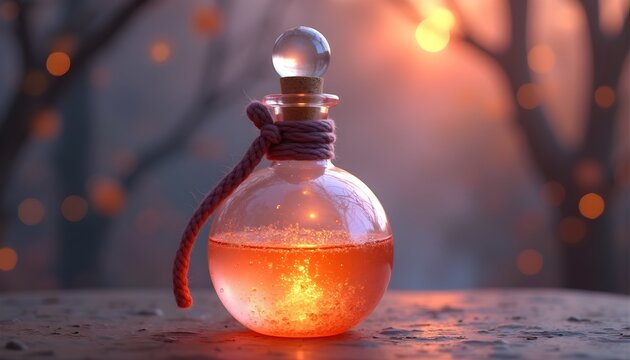 Glowing magic potion bottle on autumn evening, fantasy orange elixir vial illustration

