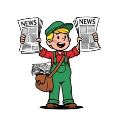 Happy newsboy selling newspapers with a smile isolated on white background