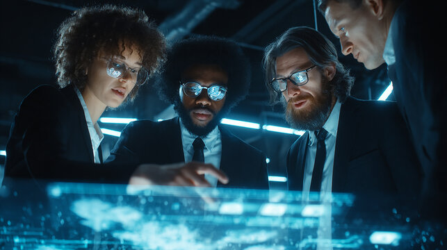 Business team analyzing hologram data dashboard, futuristic corporate analytics and management system. - Powered by Adobe