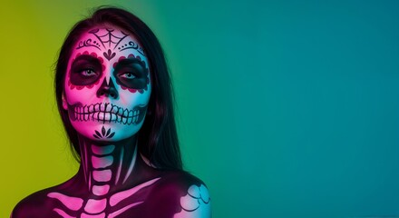 Woman celebrate Dia De Muertos  holiday with sugar skull makeup in colorful neon lights