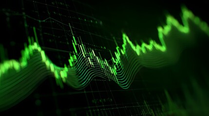 Fluorescent green financial charts display market fluctuations on a dark background.