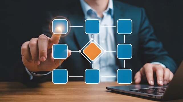 Business professional interacting with a digital flowchart on a dark background