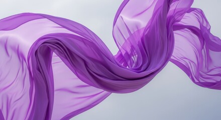 Flowing purple fabric against a soft, light gray sky, creating an abstract and elegant visual with graceful curves and translucent material