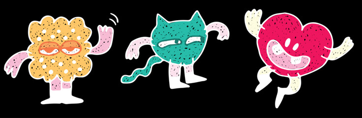 Trendy vector logo collection with flexible graphics for advertising, banners, and branding. Colored drawn with white curved lines in grunge style. Brightly drawing. Black background. 