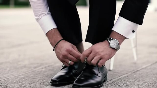 Man in black suit adjusting his trousers with details of a wristwatch and cufflink