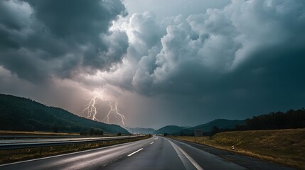Lightning illuminates dark storm clouds over a wet highway.
