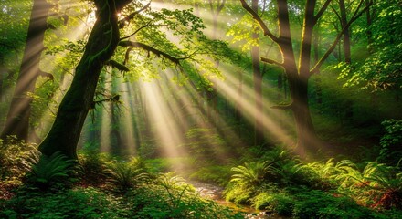 Obraz premium Sunbeams filter through lush green forest canopy illuminating a gentle stream and ferns