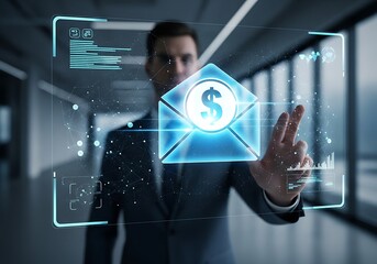 A businessman interacting with a digital interface displaying a financial email concept.