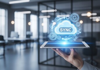 Hand holding a tablet with a glowing holographic cloud icon for data synchronization in a modern office.