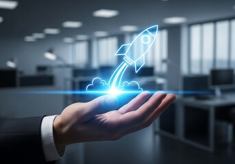 A businessman's open hand cradles a glowing blue rocket ship launching upwards, symbolizing business growth and innovation within a modern office environment.