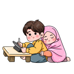 Cozy Cartoon Couple: Hijab-Wearing Woman Embracing Partner Drawing on Tablet, Indoor Scene.