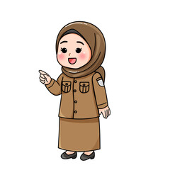 Cartoon woman in tan hijab and uniform pointing, cheerful expression.