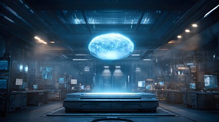 Futuristic laboratory displays glowing orb above a platform.