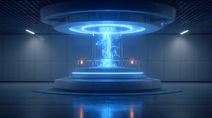Futuristic laboratory features glowing plasma energy inside a cylindrical chamber.