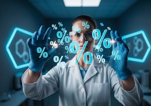 A female scientist in a lab coat and gloves interacts with floating percentage symbols, suggesting data analysis, research, or financial projections.