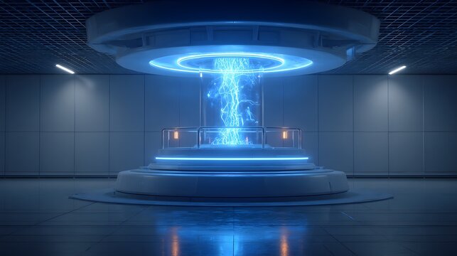 Futuristic laboratory features glowing plasma energy inside a cylindrical chamber. - Powered by Adobe