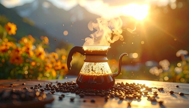 
Perintah
Close-up of coffee brewing in a glass pot with steam, realistic reflections and motion blur.
