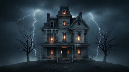 Spooky Victorian Mansion Haunted House Lightning Storm Dark Night Creepy Atmosphere Eerie Gloomy - Powered by Adobe