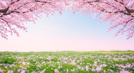 Obraz premium A field of grass scattered with pink cherry blossoms under a soft blue and pink sky
