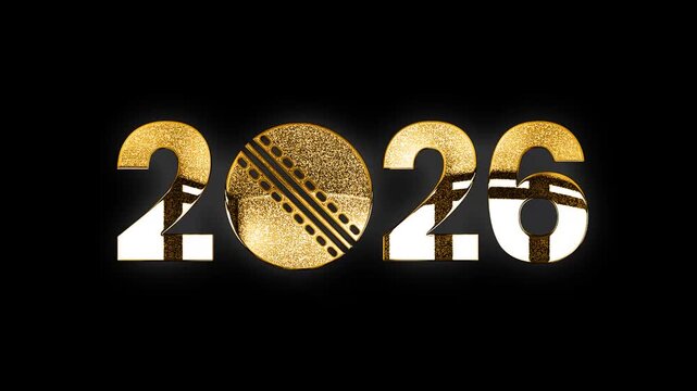 New Year 2026 text with cricket ball design golden glitters shine animation