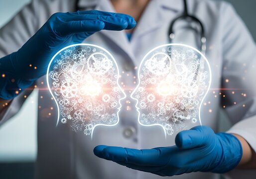 Doctor in a white coat and blue gloves protectively holds two glowing head outlines filled with gears, symbolizing mental health and cognitive function.