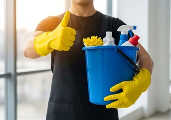Person in yellow gloves holding cleaning supplies, giving thumbs up, ready for work.