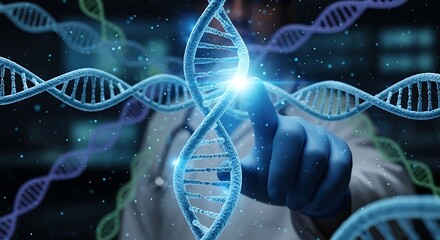 A scientist in a lab coat interacts with glowing, holographic DNA double helix structures, representing genetic research and scientific discovery.
