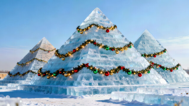 Ice pyramids decorated for the holiday season under a clear blue sky in a winter wonderland