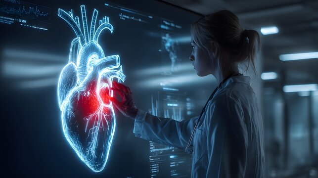 Doctor examines digital human heart hologram with glowing red section. - Powered by Adobe