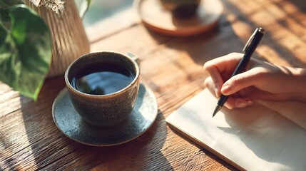 Person writes in notebook with pen next to cup of coffee.