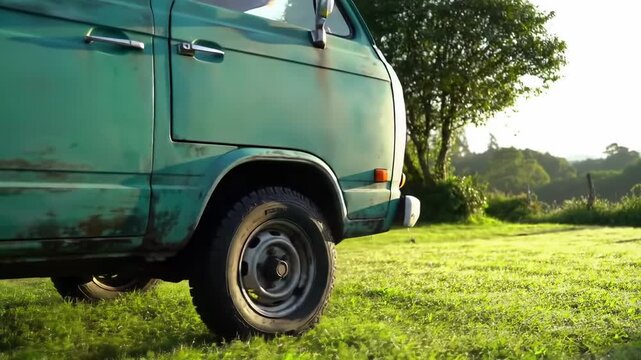 An aged, teal panel van sits on a green, grassy field. Rural scenery, daytime, with a touch of the sun