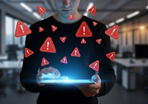 Man holding a tablet surrounded by red warning symbols, suggesting a security alert or cybersecurity threat.