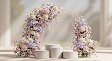 A floral arch, adorned with pastel blooms, gracefully curves over three tiered pedestals. Light streams in from a blurred background